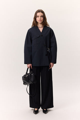 Buckle Detail Double-Breasted Jacket Navy Blue