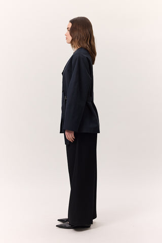 Buckle Detail Double-Breasted Jacket Navy Blue