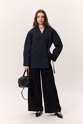 Buckle Detail Double-Breasted Jacket Navy Blue