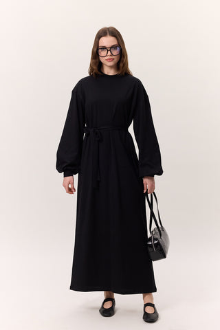 Balloon-Sleeve Long Dress Black