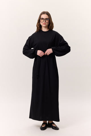 Balloon-Sleeve Long Dress Black