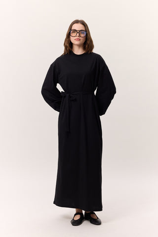 Balloon-Sleeve Long Dress Black