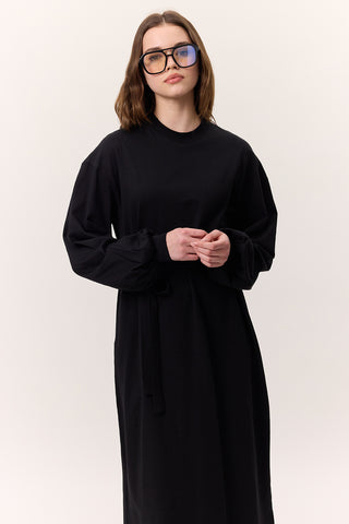Balloon-Sleeve Long Dress Black