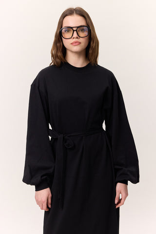 Balloon-Sleeve Long Dress Black