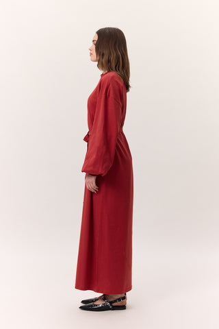 Balloon-Sleeve Long Dress Red