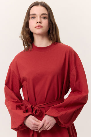 Balloon-Sleeve Long Dress Red