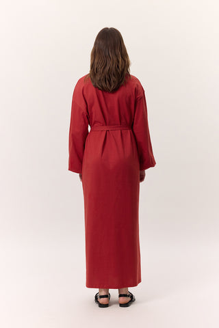 Balloon-Sleeve Long Dress Red