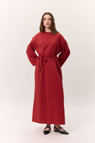 Balloon-Sleeve Long Dress Red
