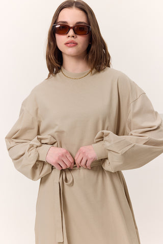 Balloon-Sleeve Long Dress Stone