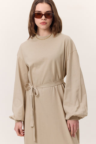 Balloon-Sleeve Long Dress Stone