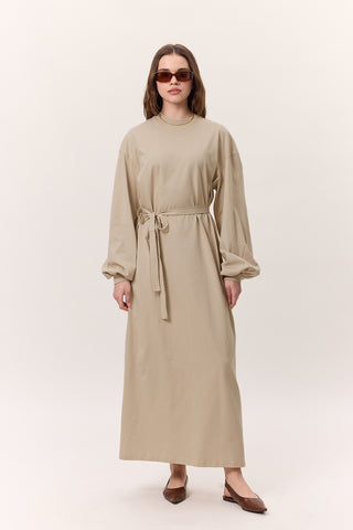 Balloon-Sleeve Long Dress Stone