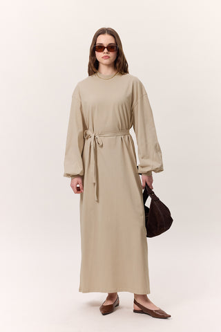 Balloon-Sleeve Long Dress Stone