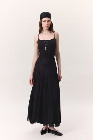 Lace Detail Wide Skirt Black