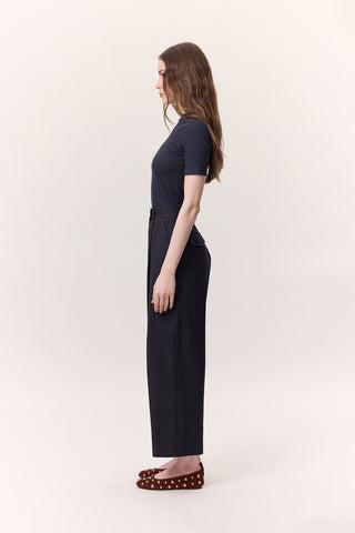Pleated Gabardine Trousers Navy Blue