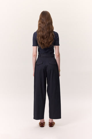 Pleated Gabardine Trousers Navy Blue