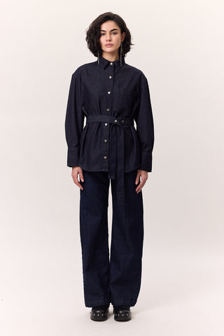 Denim Shirt With Belt Detail Dark Blue