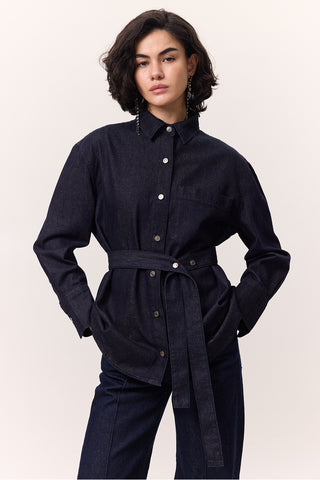Denim Shirt With Belt Detail Dark Blue