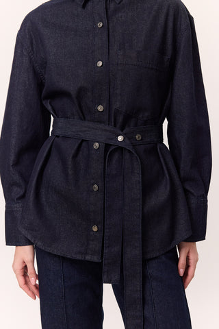Denim Shirt With Belt Detail Dark Blue