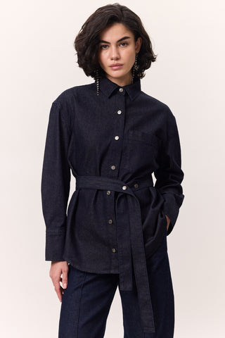 Denim Shirt With Belt Detail Dark Blue