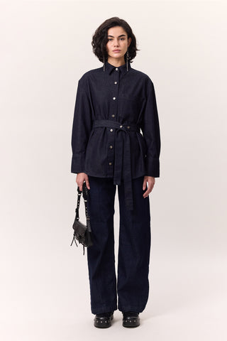 Denim Shirt With Belt Detail Dark Blue