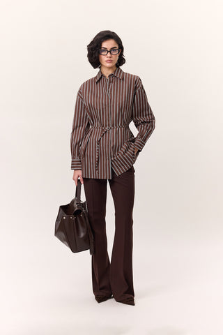 Striped Belted Shirt Brown