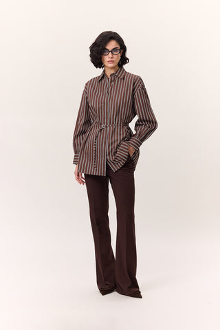 Striped Belted Shirt Brown