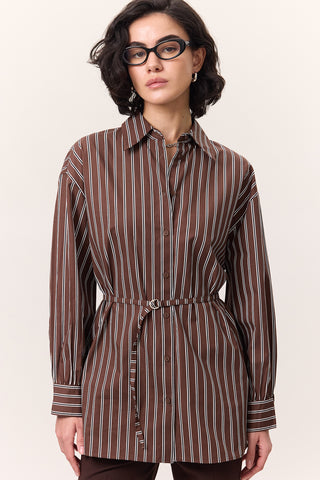 Striped Belted Shirt Brown