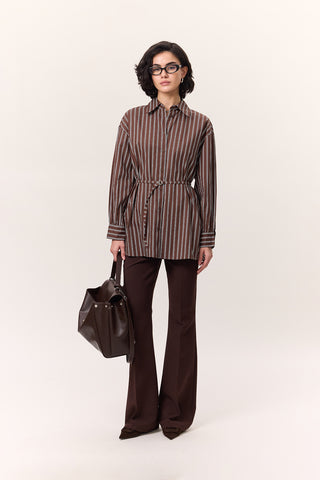 Striped Belted Shirt Brown
