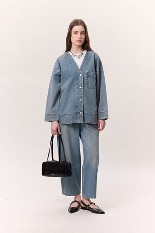 Adjustable Waist Relaxed Denim Pants Blue