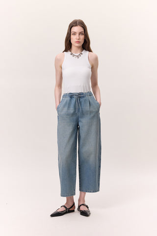 Adjustable Waist Relaxed Denim Pants Blue