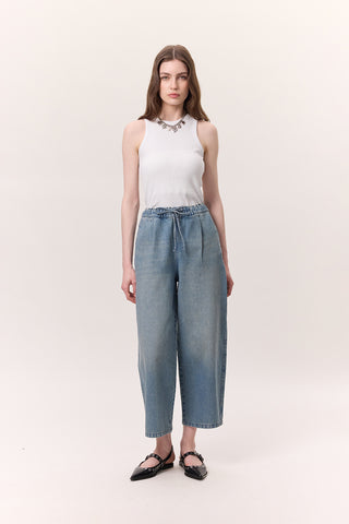 Adjustable Waist Relaxed Denim Pants Blue