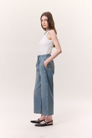 Adjustable Waist Relaxed Denim Pants Blue