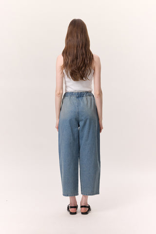 Adjustable Waist Relaxed Denim Pants Blue