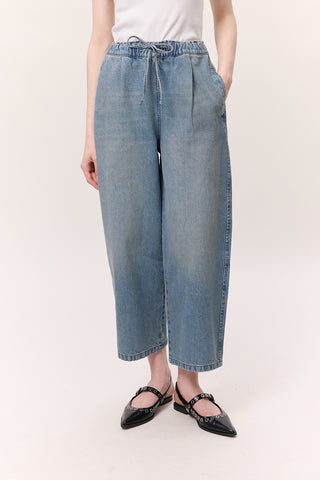 Adjustable Waist Relaxed Denim Pants Blue