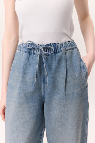 Adjustable Waist Relaxed Denim Pants Blue