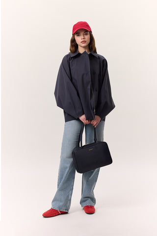 Cape Sleeve Cropped Trench Coat Navy Blue