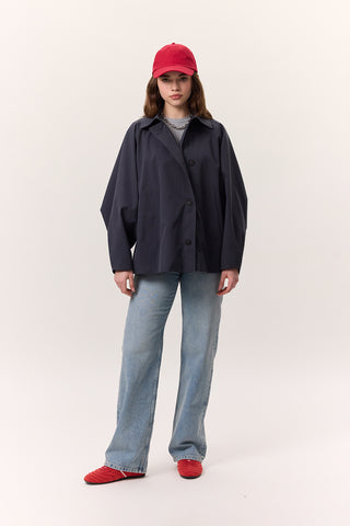 Cape Sleeve Cropped Trench Coat Navy Blue