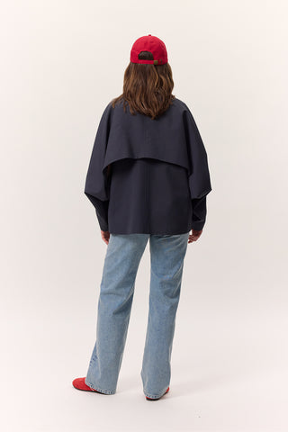 Cape Sleeve Cropped Trench Coat Navy Blue