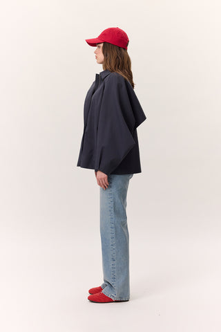 Cape Sleeve Cropped Trench Coat Navy Blue