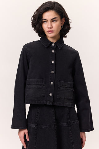 Cropped Denim Shirt Jacket Black