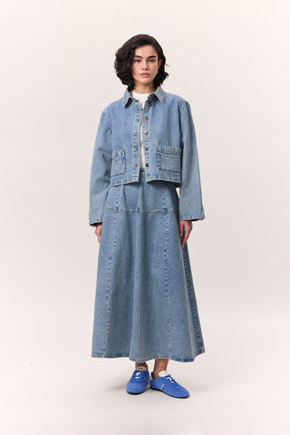 Wide Gathered Denim Skirt Blue