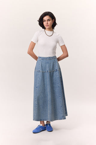 Wide Gathered Denim Skirt Blue