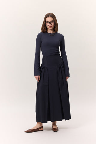 Gathered Gabardine Skirt Navy Blue