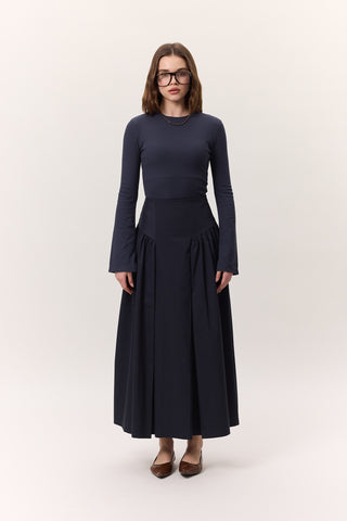 Gathered Gabardine Skirt Navy Blue