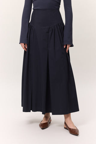 Gathered Gabardine Skirt Navy Blue