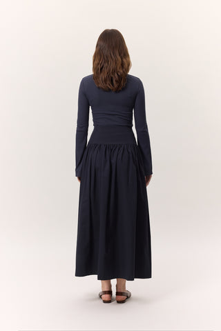 Gathered Gabardine Skirt Navy Blue