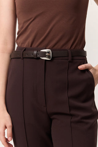 Oval Buckle Faux Leather Belt Brown