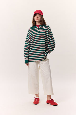 Çizgili Polo Sweatshirt Yeşil