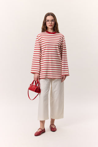 Striped Oversized Long Sleeve T-Shirt Red
