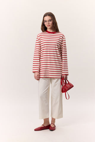 Striped Oversized Long Sleeve T-Shirt Red